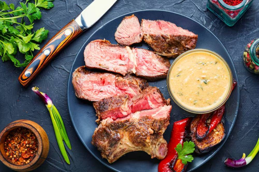Sliced medium-rare steak with a creamy sauce, garnished with herbs and spices, served on a dark plate alongside grilled peppers.