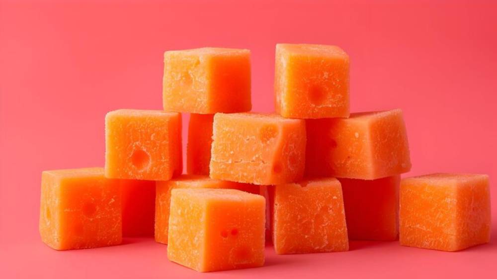 A stack of vibrant Carrot ginger gel cubes against a pink background with a smooth texture and some holes.