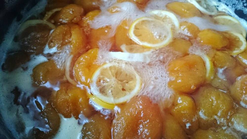 A close-up of simmering apricots and lemon slices in a bubbly pot, showcasing a golden, fragrant mixture.