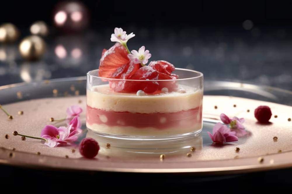 Elegant layered dessert in a glass, topped with fresh fruit and edible flowers, on a decorative plate with gold accents.