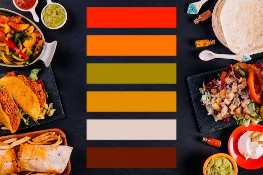 A vibrant spread of Mexican dishes, including tacos and salads, displayed alongside a color palette from red to brown.