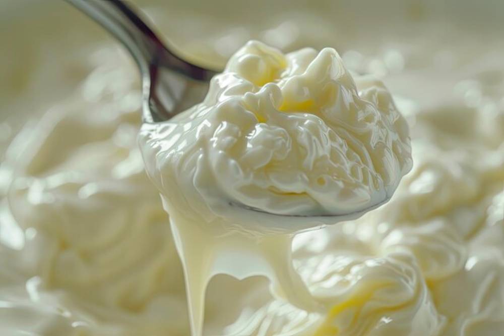 A close-up of a spoonful of curdle milk, glistening and slightly dripping, against a blurred background of more curdled milk.