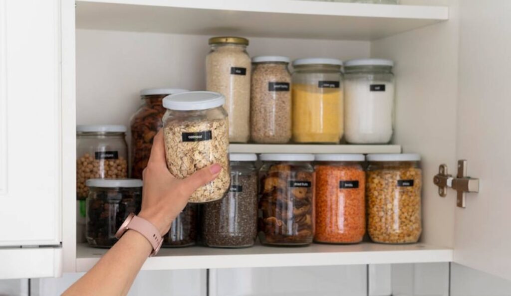 A hand reaches for an oatmeal jar on a neatly organized kitchen shelf filled with labeled glass containers of various grains and snacks.