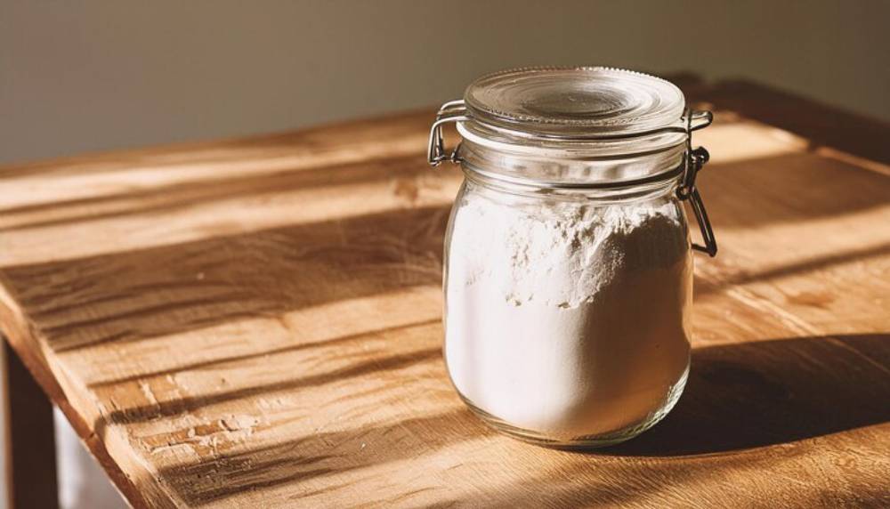A glass jar filled with flour sits on a wooden table, illuminated by soft sunlight, casting gentle shadows.