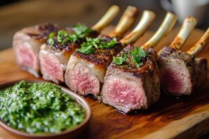 Grilled lamb chops with pink centers, garnished with fresh herbs, served alongside a vibrant green sauce on a wooden platter.