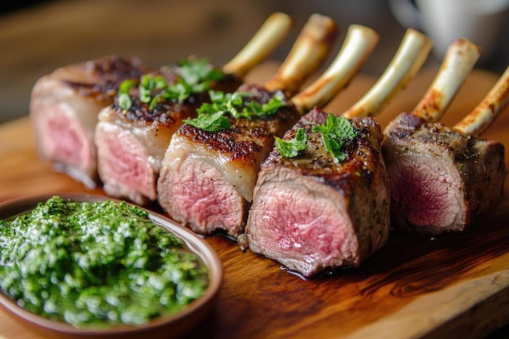 Grilled lamb chops with pink centers, garnished with fresh herbs, served alongside a vibrant green sauce on a wooden platter.