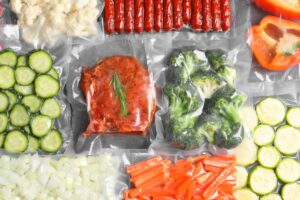 Assorted vacuum-sealed vegetables and meats, including broccoli, cucumbers, carrots, and seasoned meat with herbs.