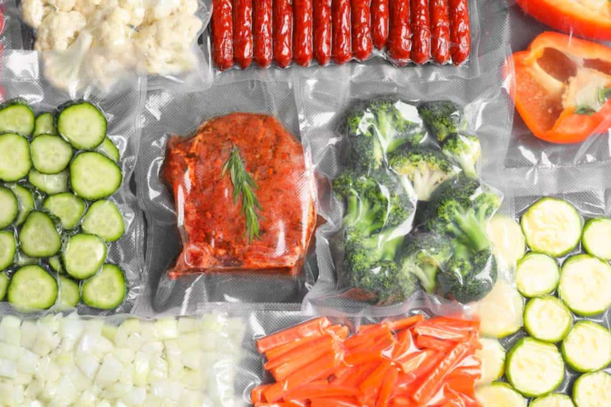 Assorted vacuum-sealed vegetables and meats, including broccoli, cucumbers, carrots, and seasoned meat with herbs.
