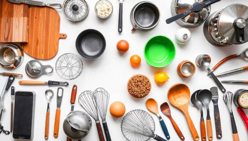A flat lay of various kitchen utensils, bowls, fruits, and a smartphone, arranged artistically on a white surface.