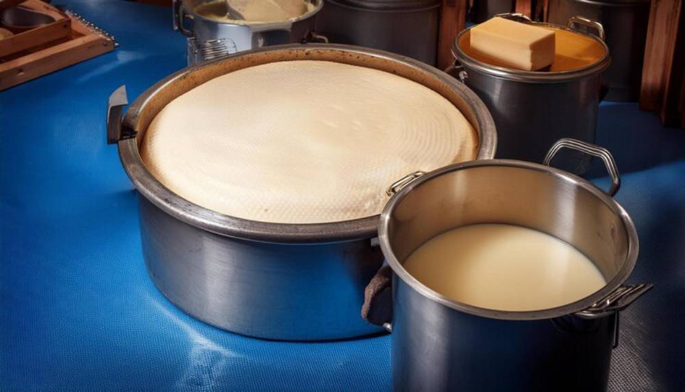 A large pot with a smooth, creamy surface, flanked by containers of milk and cheese, set on a blue surface in a cheese-making environment.