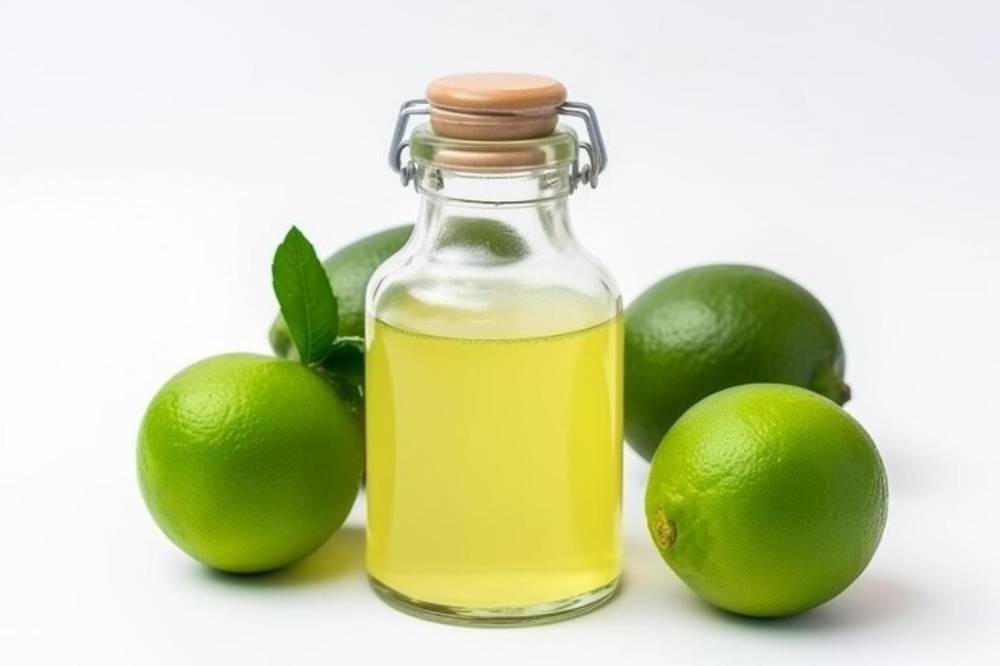 A glass bottle with a cork lid contains lime juice, surrounded by fresh green limes and a mint leaf on a white background.