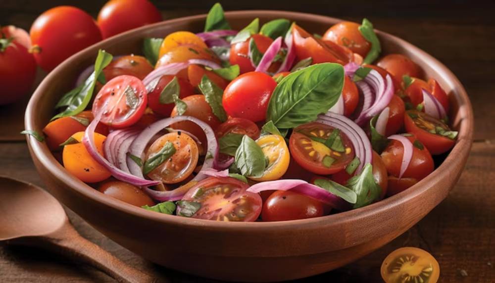 A wooden bowl filled with vibrant heirloom tomatoes, red onion slices, and fresh basil leaves on a dark wooden surface.
