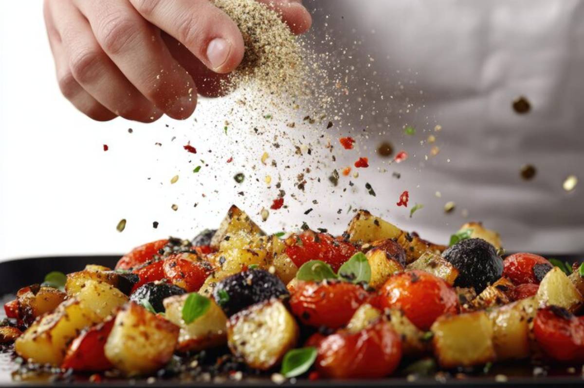 A hand sprinkles spices over a vibrant mix of roasted tomatoes and potatoes on a black tray, enhancing the dish's flavor and presentation.