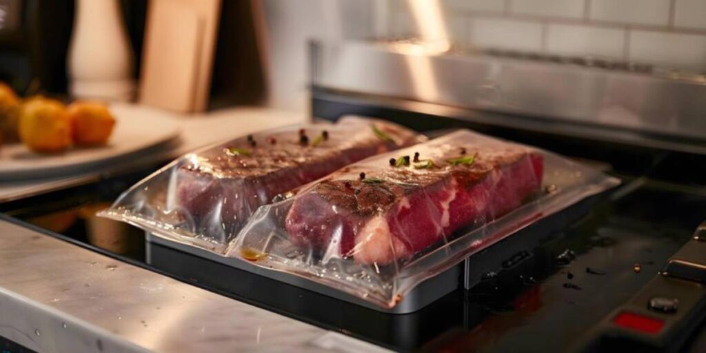 Two vacuum-sealed cuts of meat with seasonings, placed in a sous vide machine on a countertop, with blurred fruits in the background.