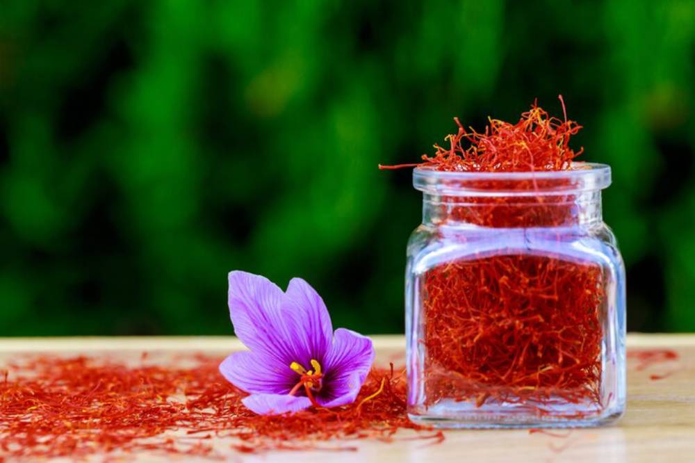 A small glass jar filled with vibrant red saffron threads, accompanied by a purple saffron flower, set against a blurred green background.