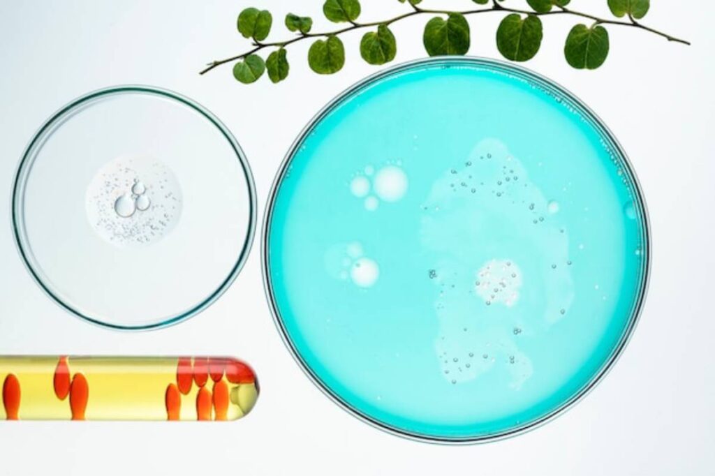 A laboratory setup featuring a blue solution in a petri dish, a clear petri dish with bubbles, and a test tube with colored liquids.