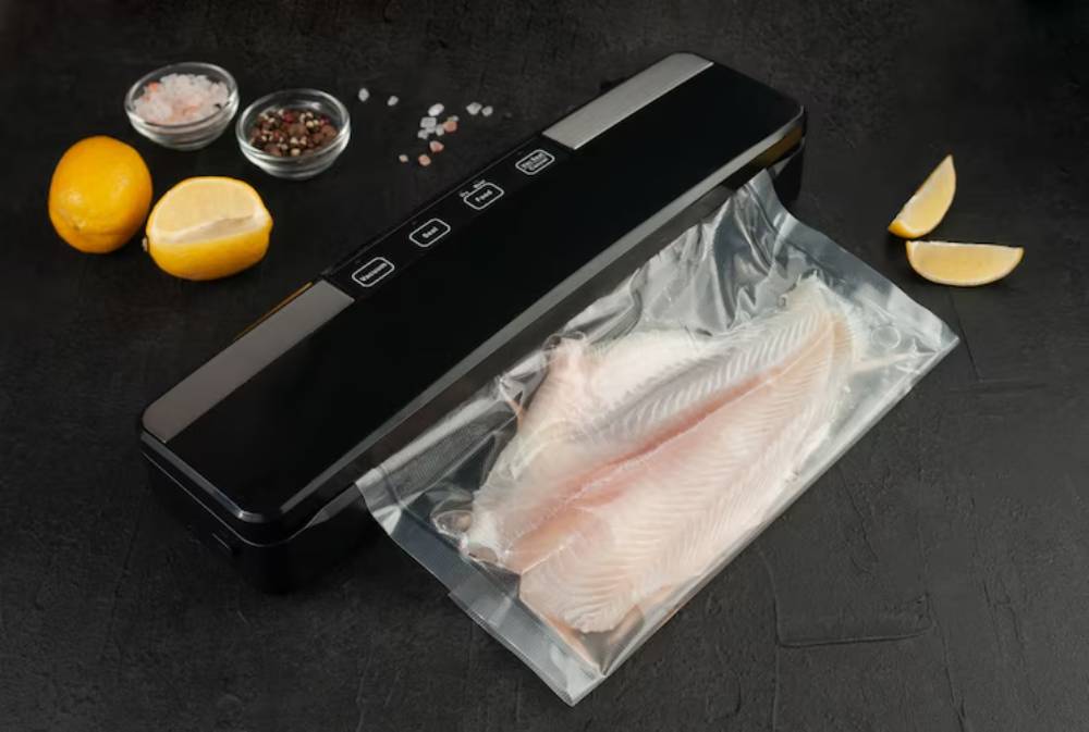 A vacuum sealer on a dark surface, containing a fillet of fish in a bag, with lemons and seasoning bowls nearby.