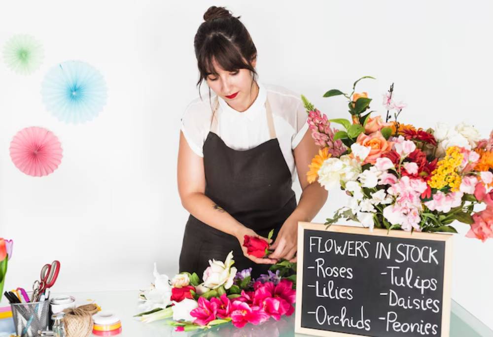 A florist arranges colorful flowers at a table, with a chalkboard listing available blooms: roses, lilies, tulips, daisies, orchids, and peonies.