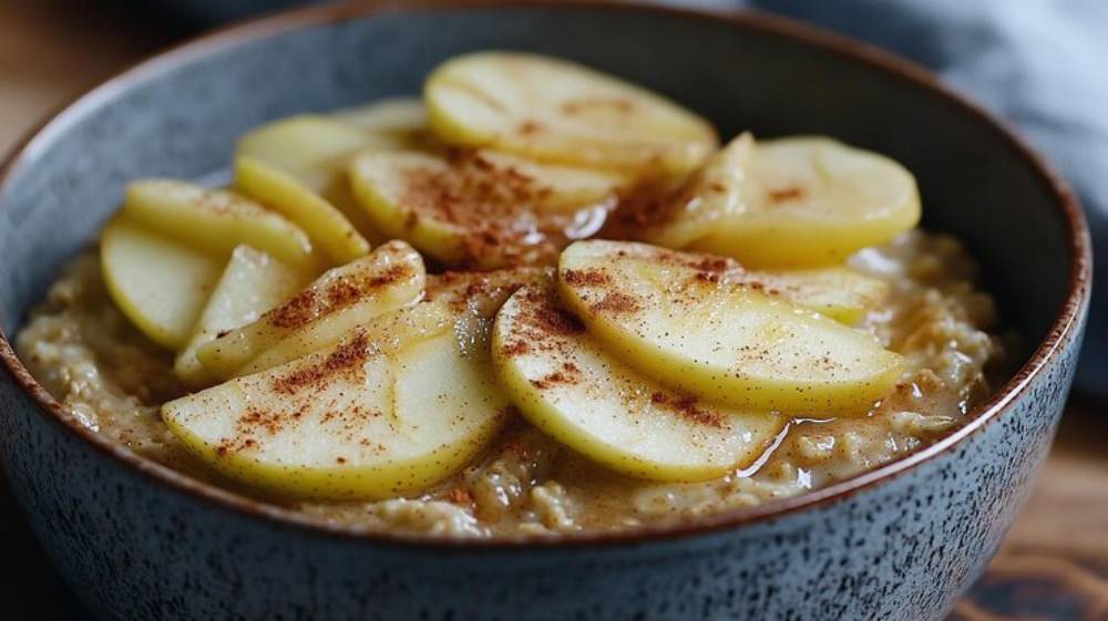 A bowl of Amaranth porridge with roasted pears and a sprinkle of cinnamon, showcasing a warm and inviting breakfast dish.